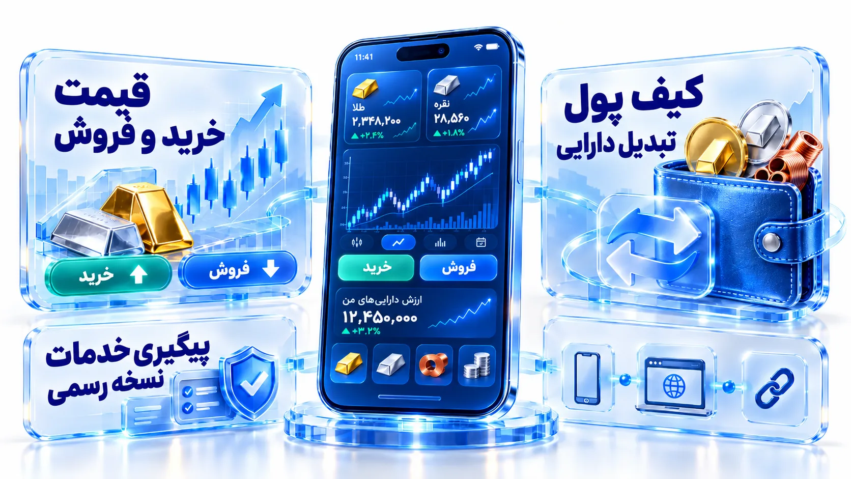 گوشی هوشمند با صفحه قیمت فلزات، کیف پول و دکمه خرید و فروش