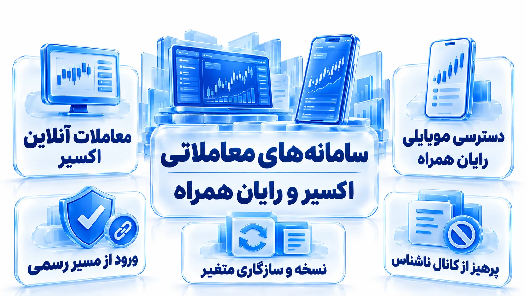 نمای لپ‌تاپ و موبایل با نمودار معاملات و دو پنل وب و موبایل