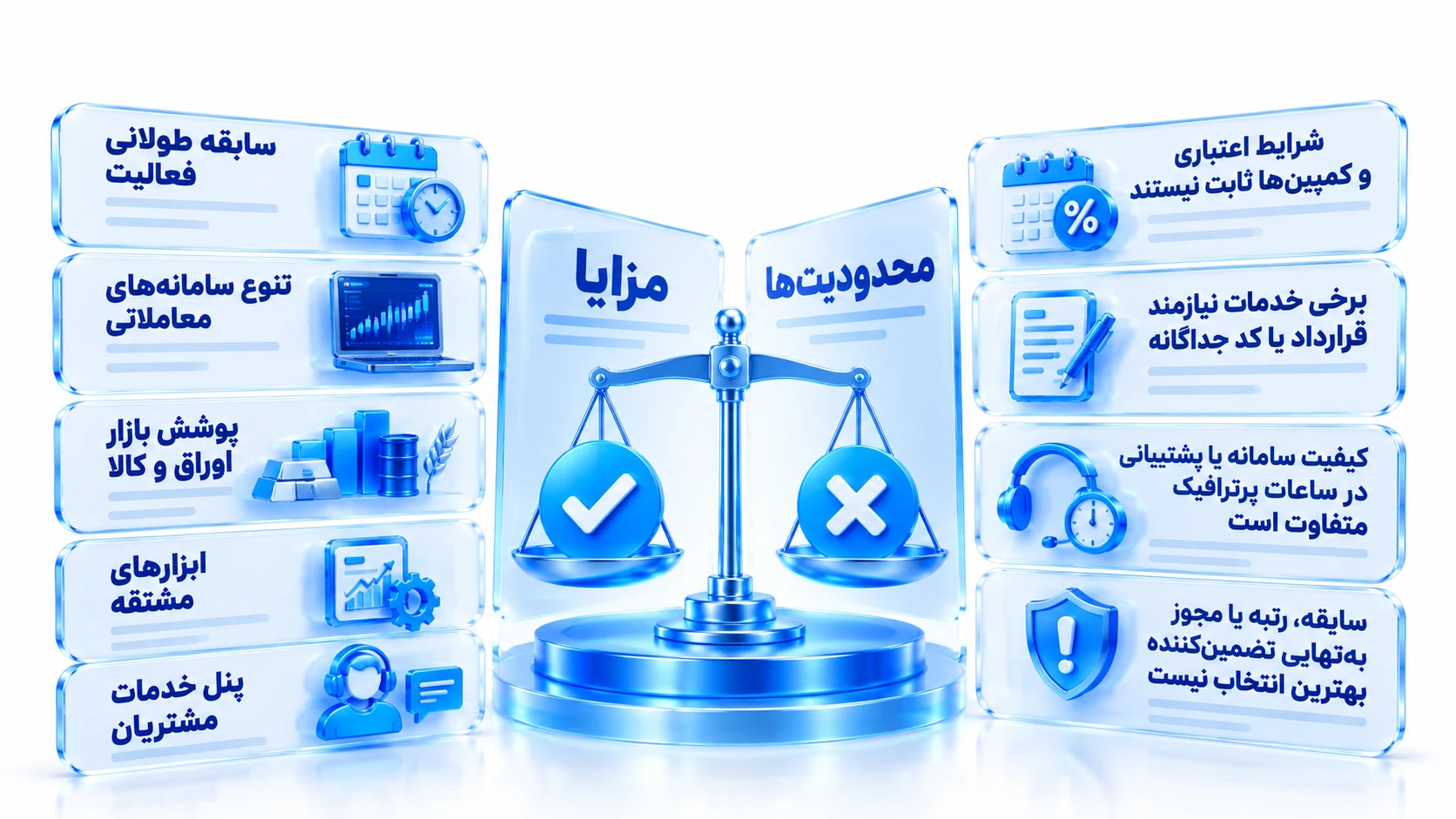 ترازوی مقایسه مزایا و محدودیت‌های سامانه‌ها، خدمات و شرایط اعتباری