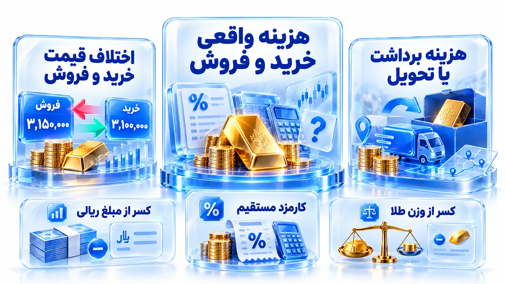 ماشین‌حساب کنار سه کارت اختلاف قیمت، کارمزد معامله و هزینه دریافت طلا